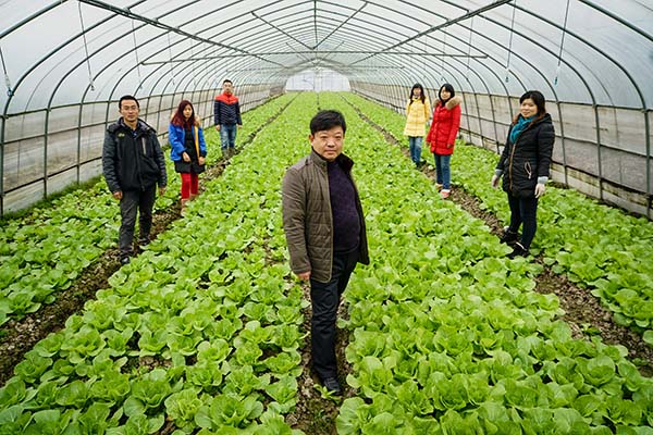 1月29日，江苏南京溧水区和凤镇乌飞塘村，路晓华（前）与几名来到公司创业大学生合影。