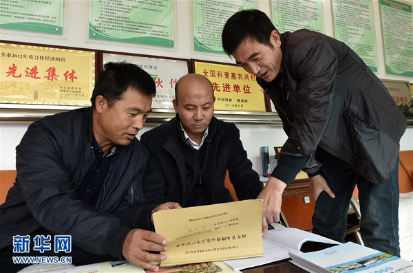 在宁夏固原市原州区头营镇石羊村，马万武（右）和社员填写肉牛生产记录表（11月2日摄）。