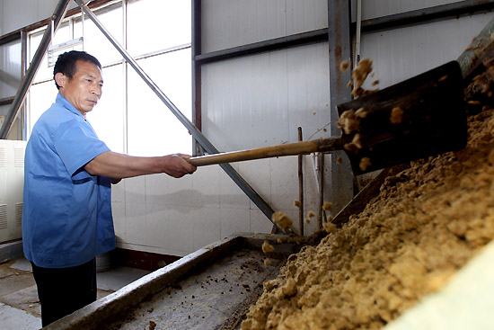 5月19日，在山东省邹平县台子镇一家利用秸秆生产可回收可降解一次性餐具的企业，工人在整理初步脱水的秸秆草浆。