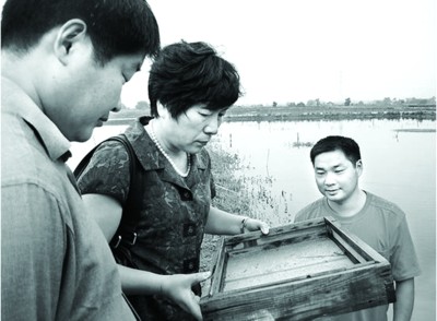 丁凤琴在鱼塘边进行技术指导。